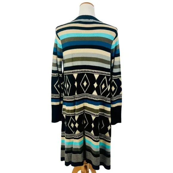 Love Stitch Long Geometric Striped Open Front Waterfall Cardigan Duster - Picture 10 of 16